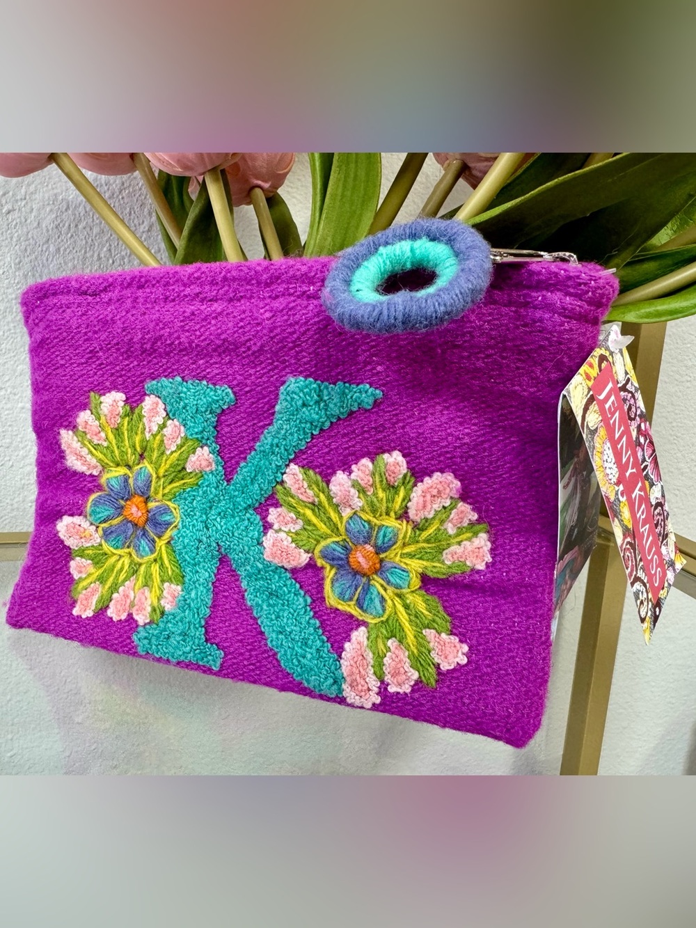 Jenny Krauss Purple Wool Monogram K Embroidered Fair Trade Clutch Peru NWT